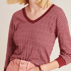 Anthropologie Hannah Pink Red Striped Knit Textured V-Neck Top or Shirt Medium